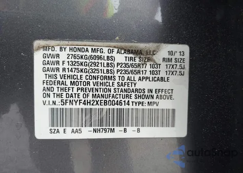 2014 Honda Pilot Lx from USA, damaged, VIN 5FNYF4H2XEB004614
